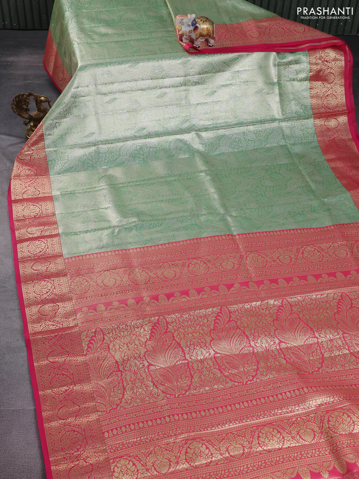Bangalori tissue silk saree pastel green and pink with silver zari woven brocade weaves and zari woven border - Image 2