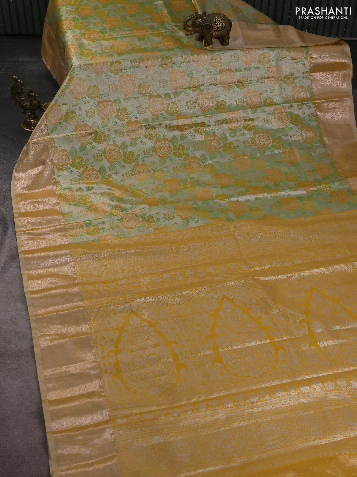 Bangalori tissue silk saree pastel grey and mustard yellow with zari woven floral design brocade pattern and zari woven border - Image 2