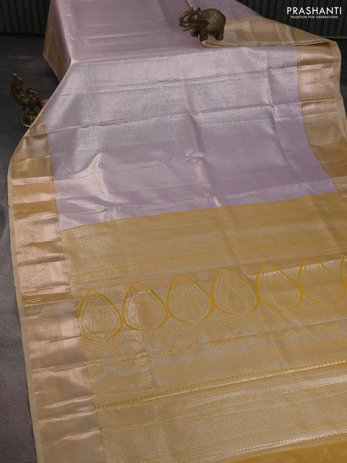 Bangalori tissue silk saree pastel lavender and mustard yellow with silver zari woven brocade weaves and zari woven border - Image 2