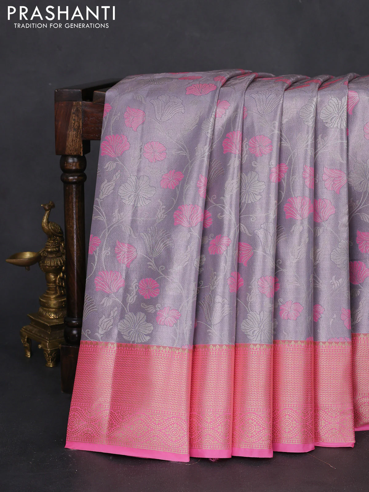 Bangalori tissue silk saree pastel lavender and peach pink with zari woven floral design brocade pattern and zari woven border