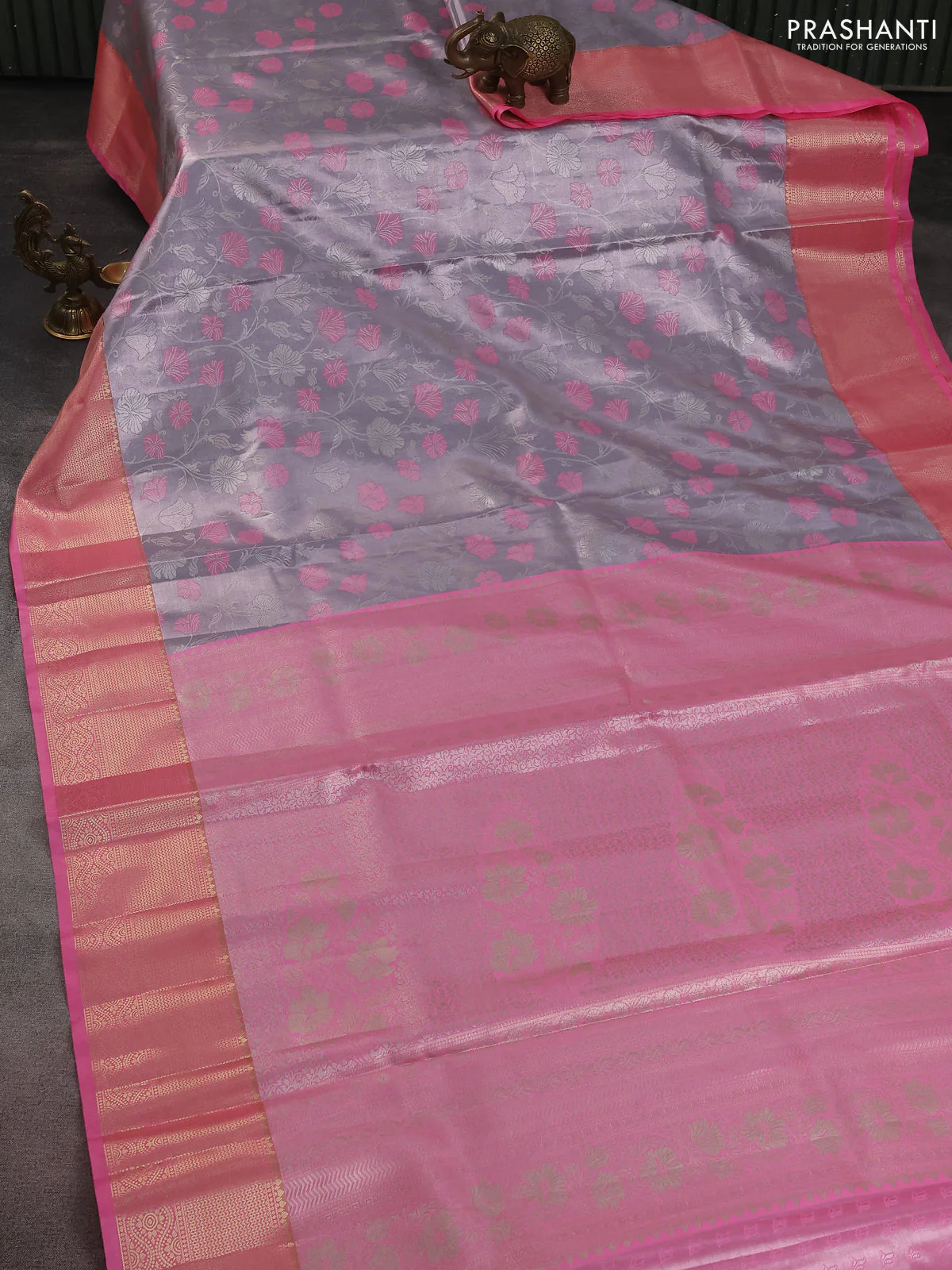 Bangalori tissue silk saree pastel lavender and peach pink with zari woven floral design brocade pattern and zari woven border - Image 2
