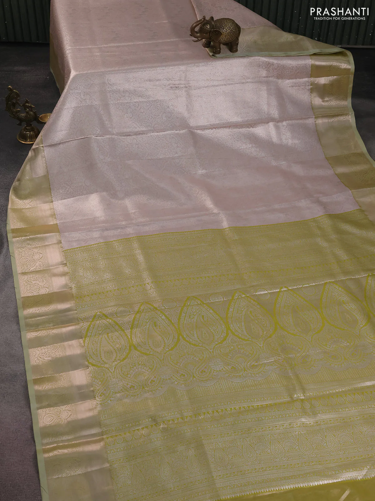 Bangalori tissue silk saree pastel peach and mild pista green with silver zari woven brocade weaves and zari woven border - Image 2