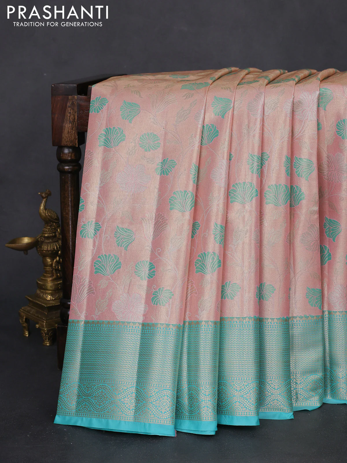 Bangalori tissue silk saree pastel peach and teal blue with zari woven floral design brocade pattern and zari woven border