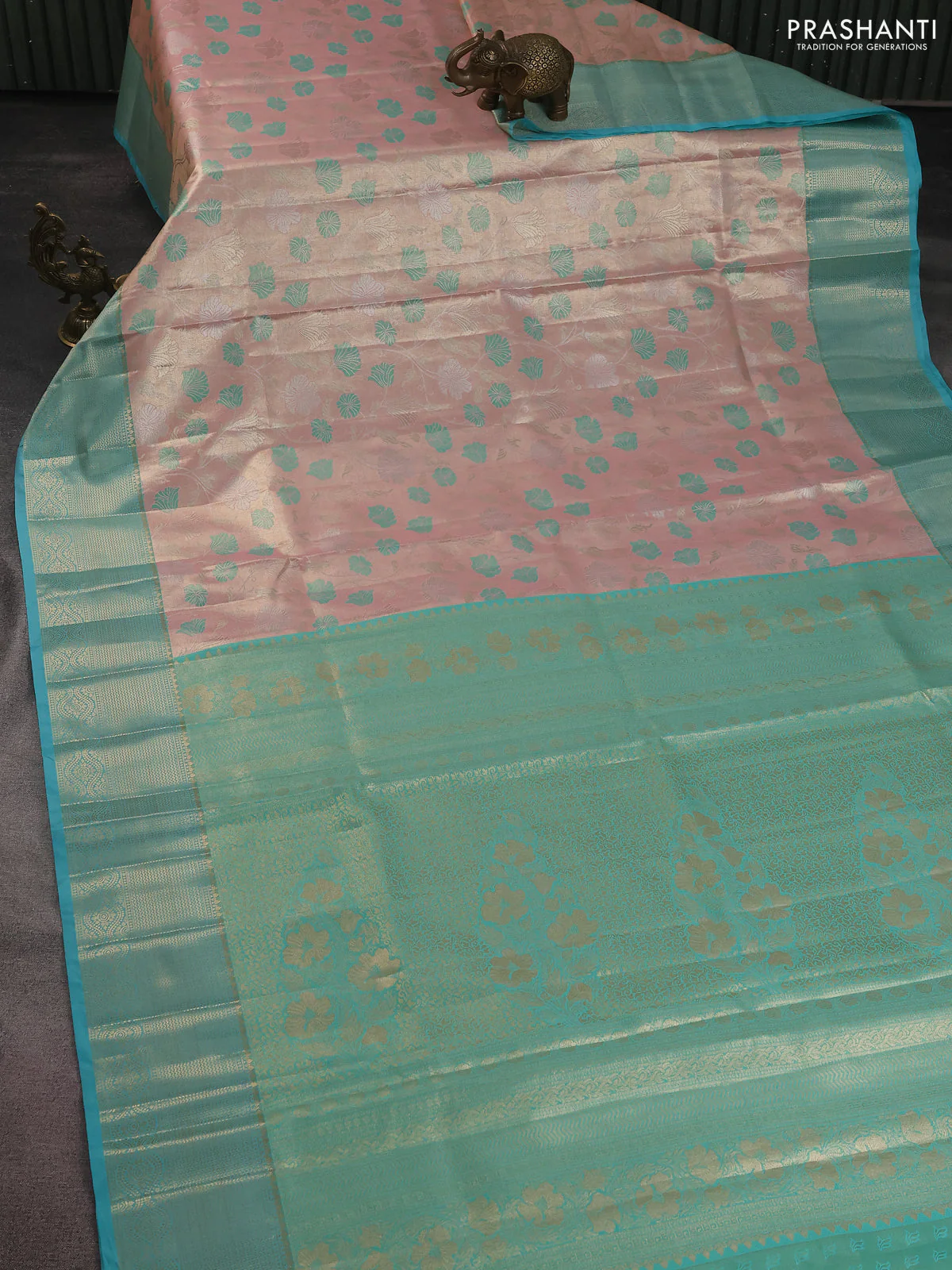 Bangalori tissue silk saree pastel peach and teal blue with zari woven floral design brocade pattern and zari woven border - Image 2
