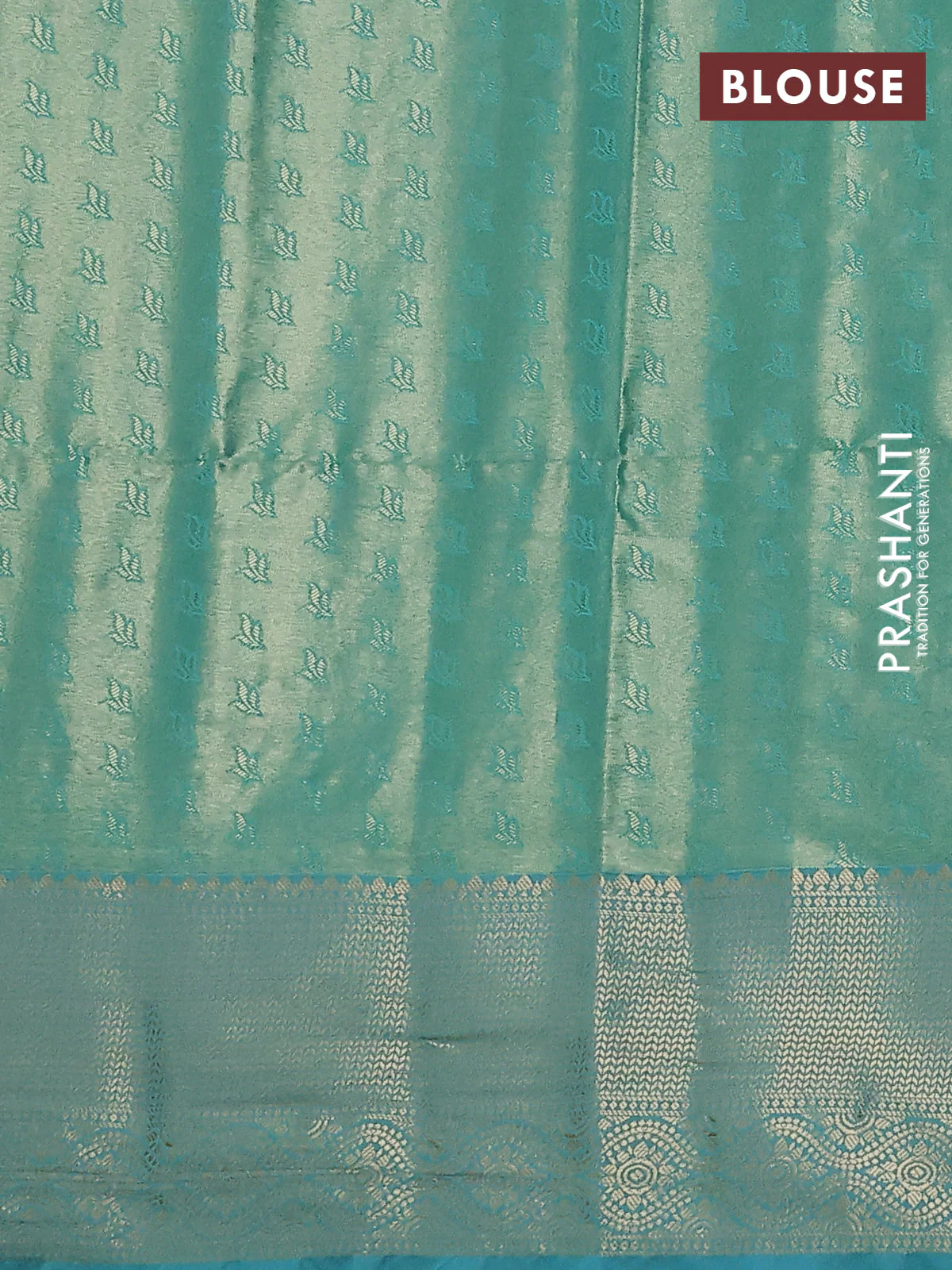 Bangalori tissue silk saree pastel peach and teal blue with zari woven floral design brocade pattern and zari woven border - Image 3