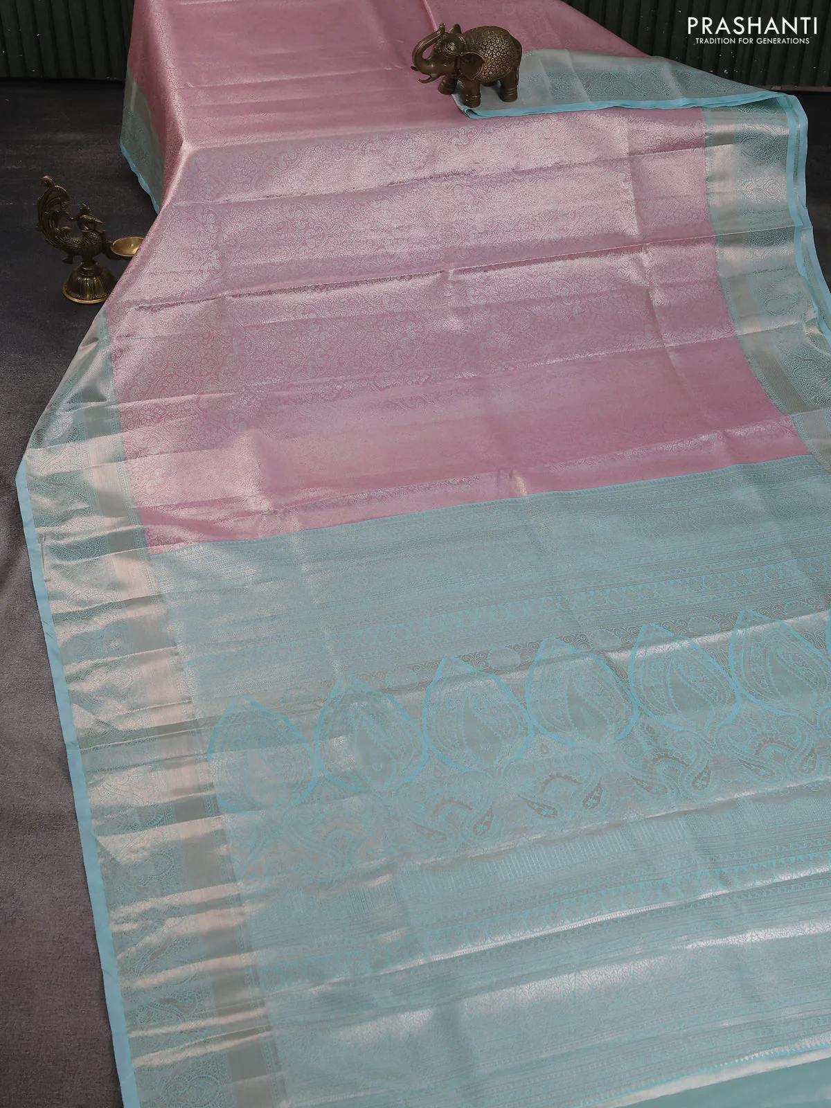 Bangalori tissue silk saree pastel pink and teal blue with silver zari woven brocade weaves and zari woven border - Image 2