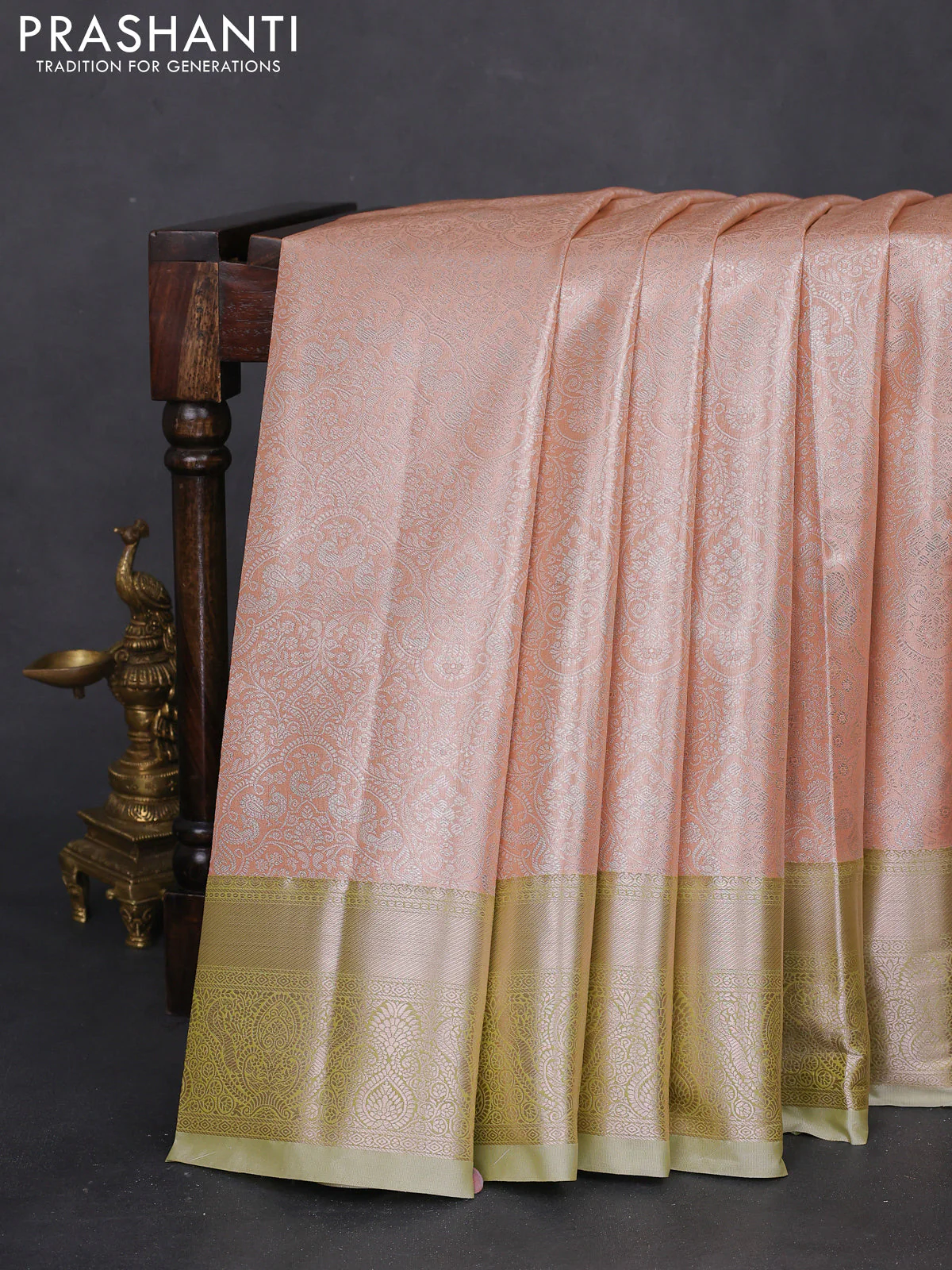 Bangalori tissue silk saree peach shade and light green with silver zari woven brocade weaves and zari woven border
