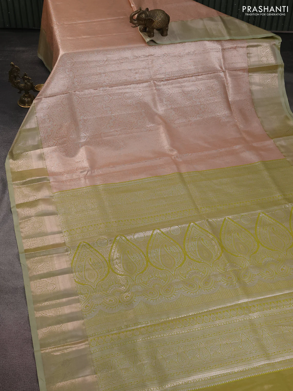Bangalori tissue silk saree peach shade and light green with silver zari woven brocade weaves and zari woven border - Image 2