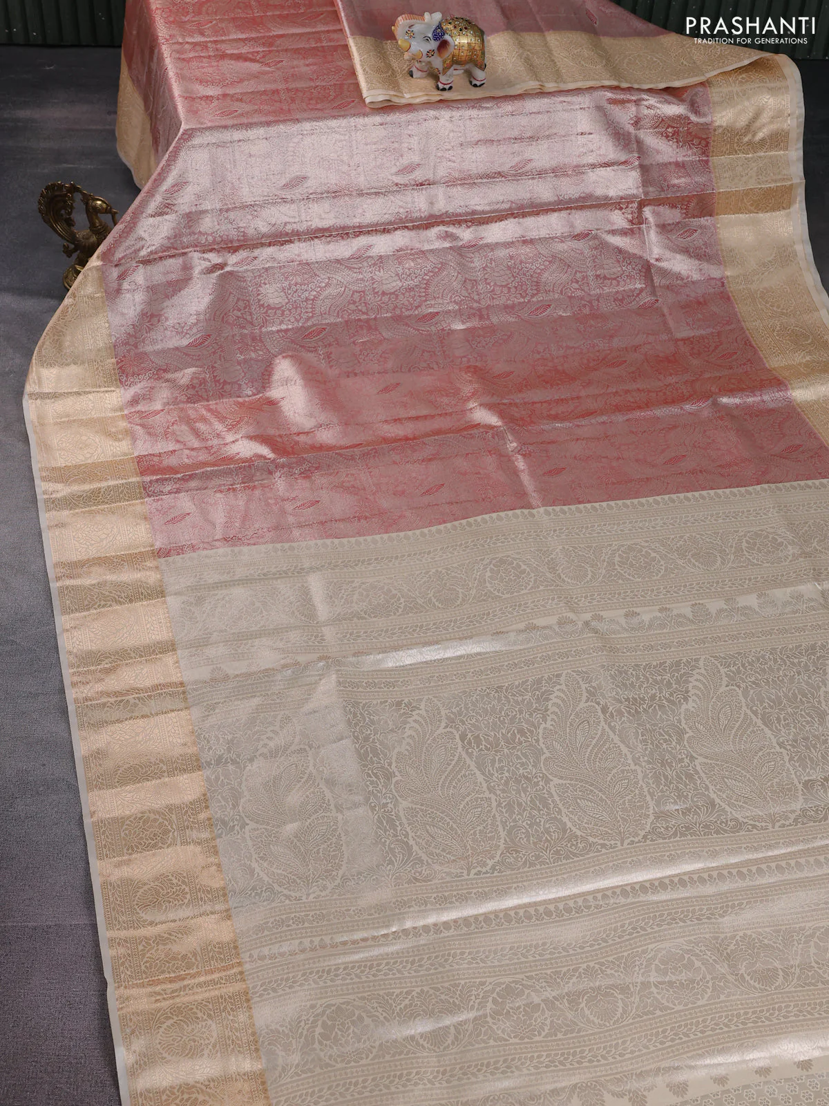 Bangalori tissue silk saree peach shade and sandal with silver zari woven brocade weaves and zari woven border - Image 2
