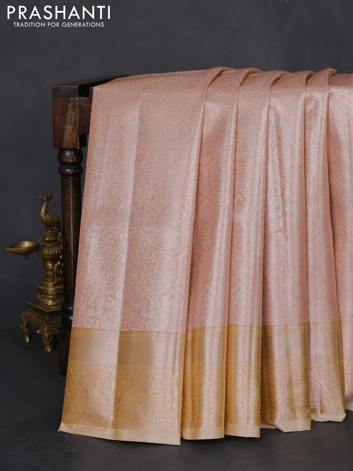 Bangalori tissue silk saree peach shade with silver zari woven brocade weaves and zari woven border