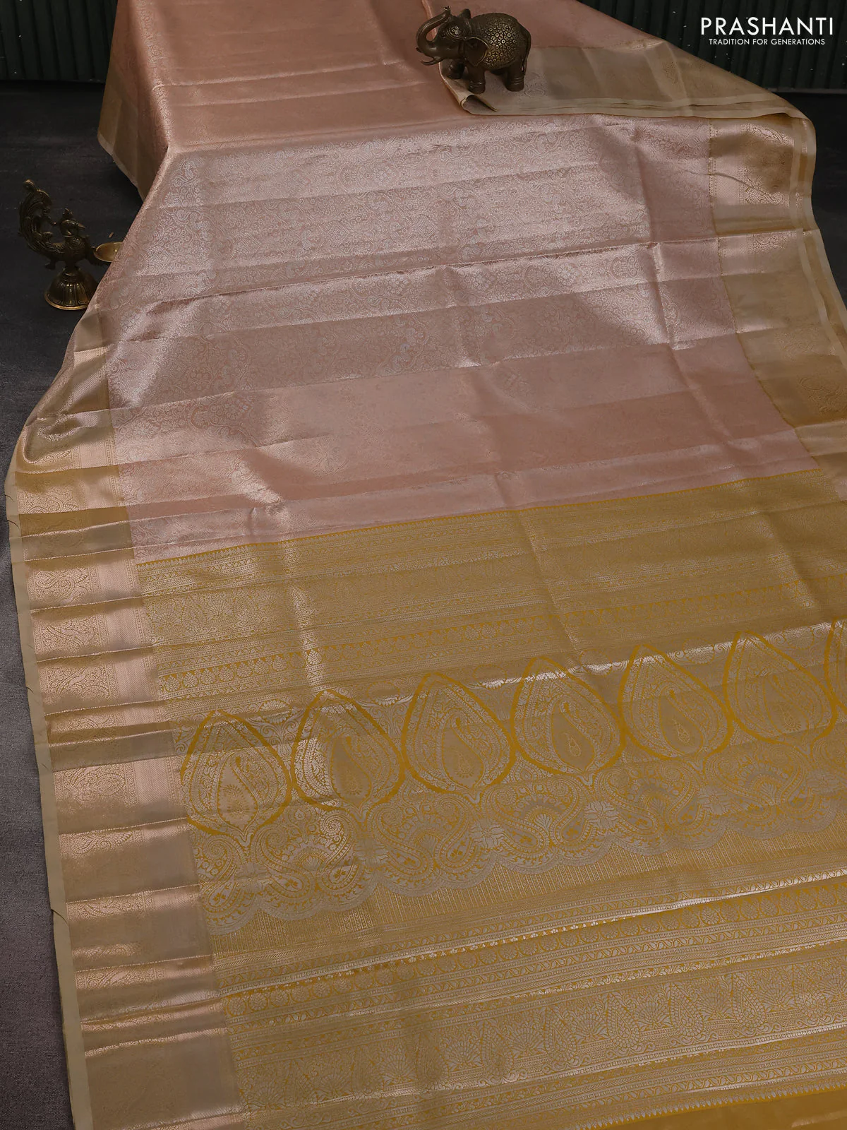 Bangalori tissue silk saree peach shade with silver zari woven brocade weaves and zari woven border - Image 2
