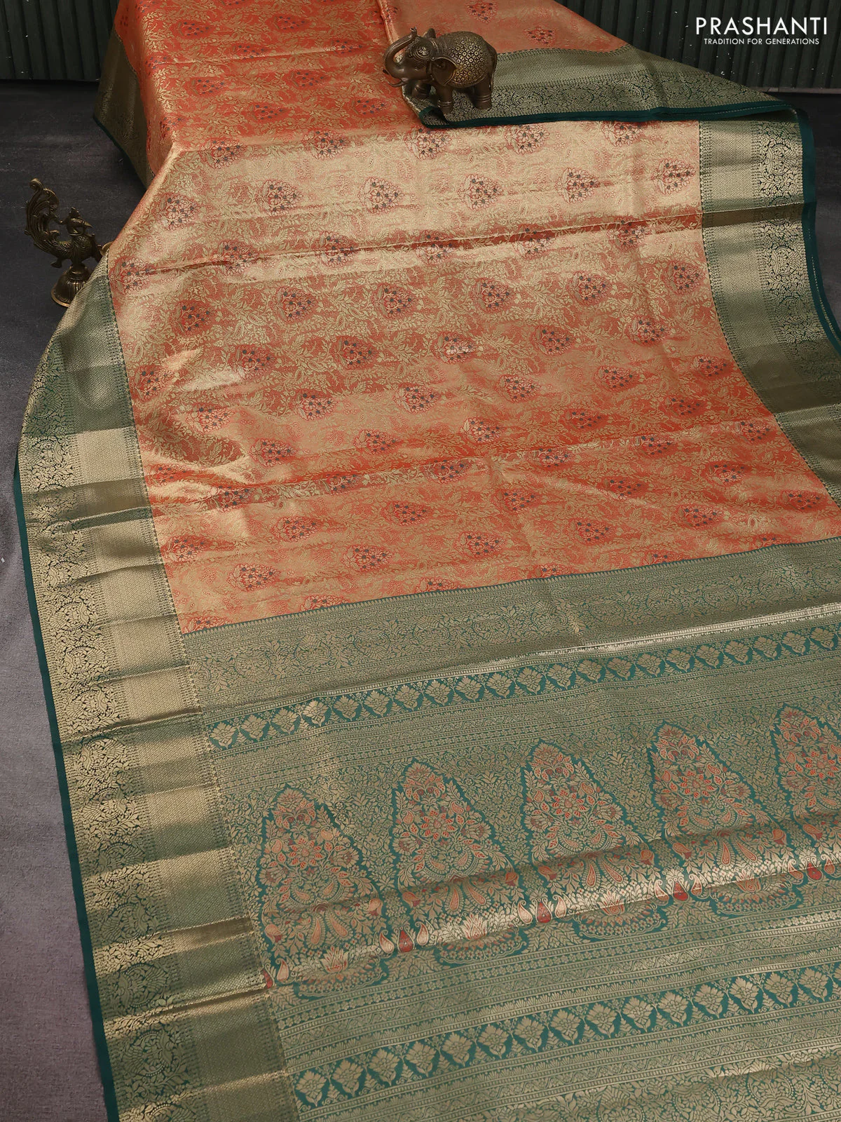 Bangalori tissue silk saree red shade and green with zari woven brocade weaves and zari woven border - Image 2