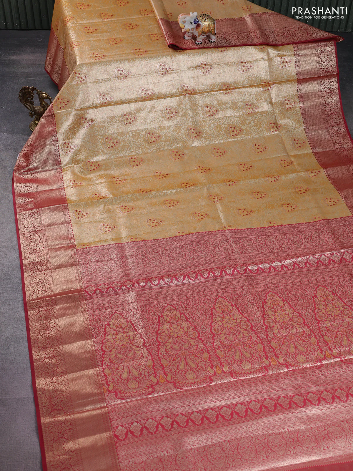 Bangalori tissue silk saree sandal and maroon with zari woven brocade weaves and zari woven border - Image 2