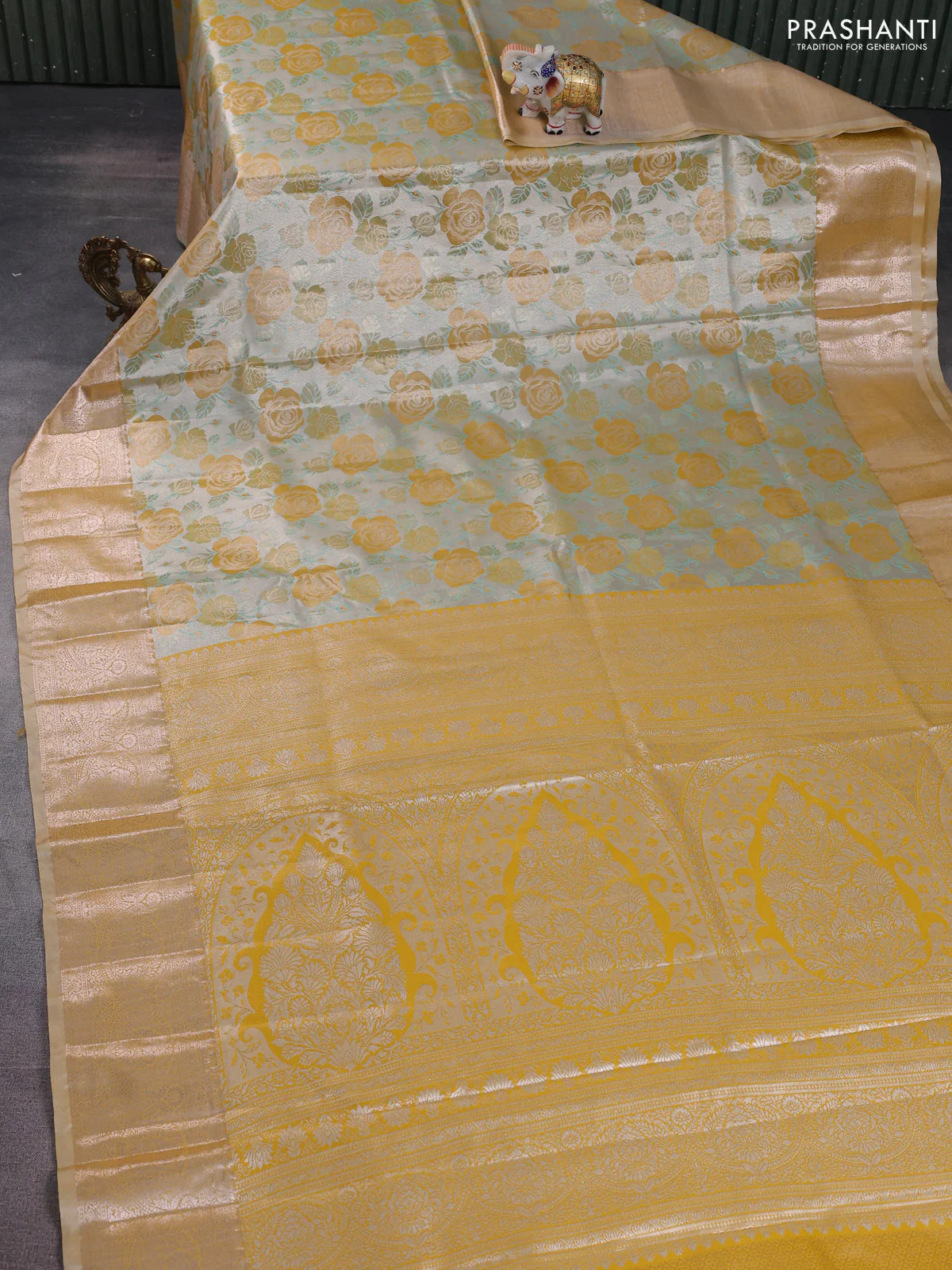 Bangalori tissue silk saree silver and mustard yellow with zari woven floral design brocade pattern and zari woven border - Image 2