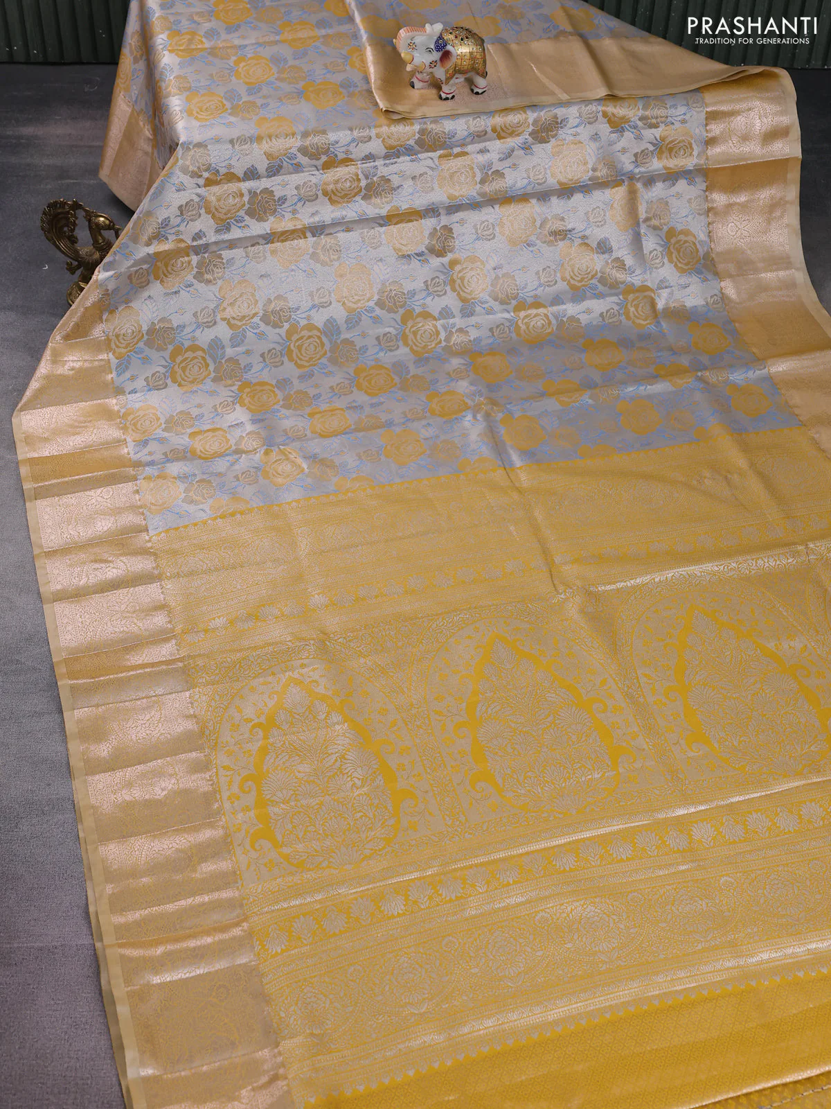 Bangalori tissue silk saree silver and mustard yellow with zari woven floral design brocade pattern and zari woven border - Image 2