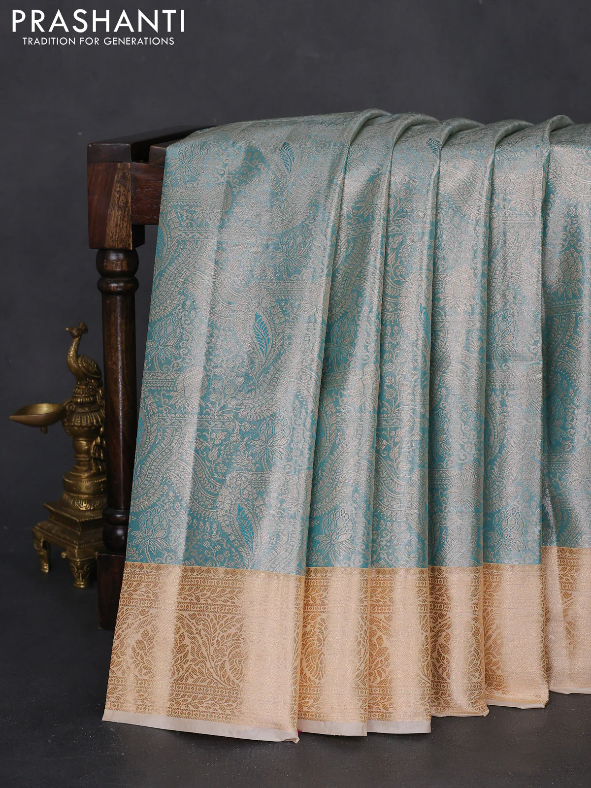 Bangalori tissue silk saree teal blue and cream with silver zari woven brocade weaves and zari woven border