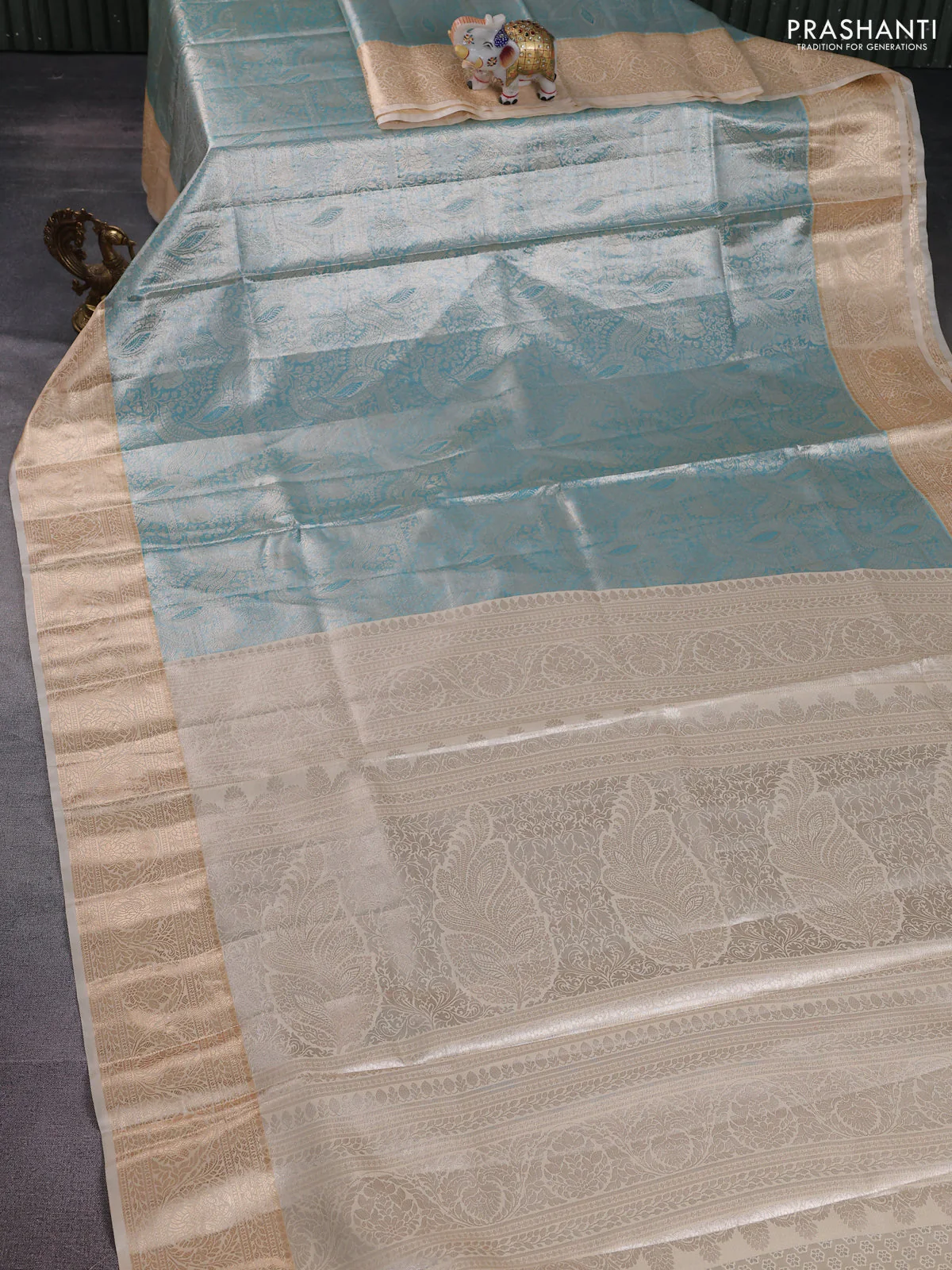 Bangalori tissue silk saree teal blue and cream with silver zari woven brocade weaves and zari woven border - Image 2
