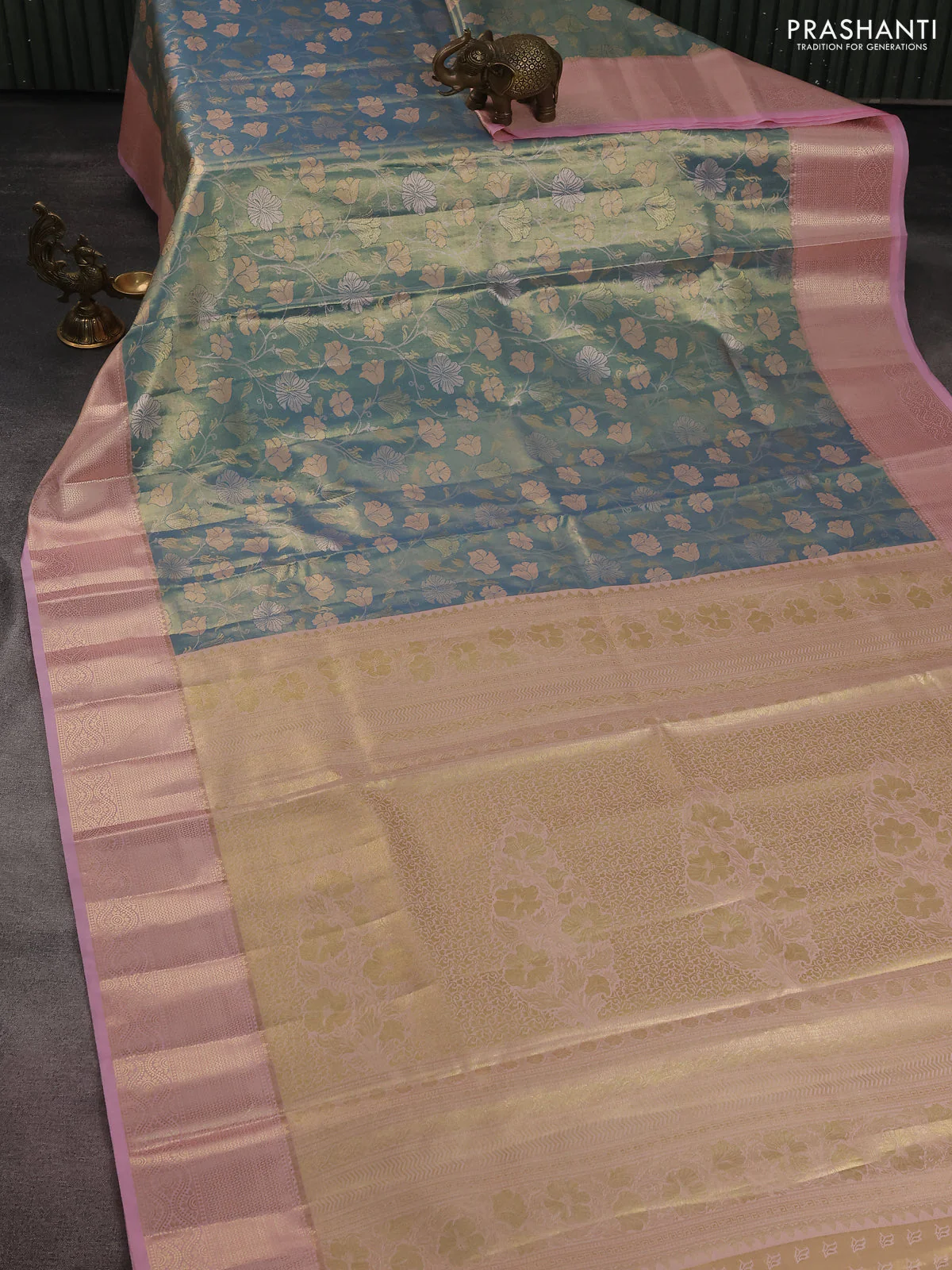Bangalori tissue silk saree teal blue and light pink with zari woven floral design brocade pattern and zari woven border - Image 2