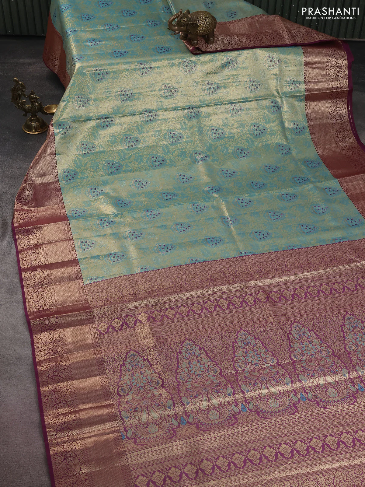 Bangalori tissue silk saree teal blue and wine shade with zari woven brocade weaves and zari woven border - Image 2