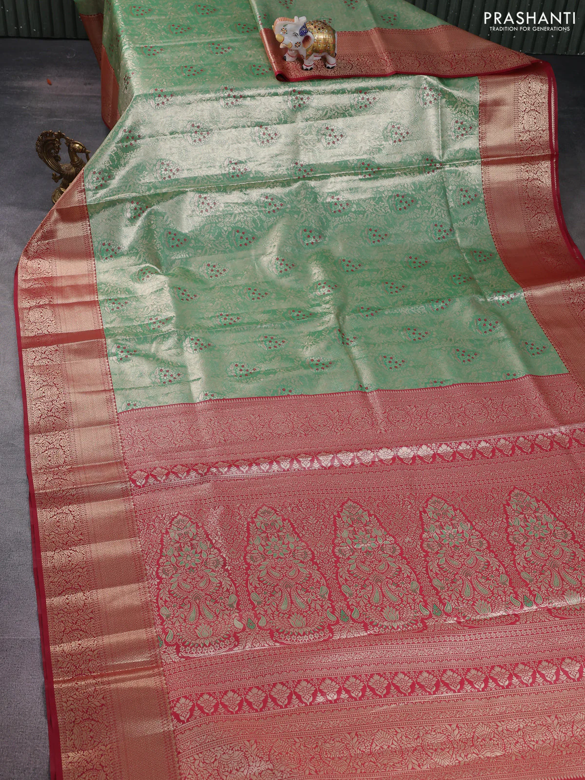 Bangalori tissue silk saree teal green and maroon with zari woven brocade weaves and zari woven border - Image 2