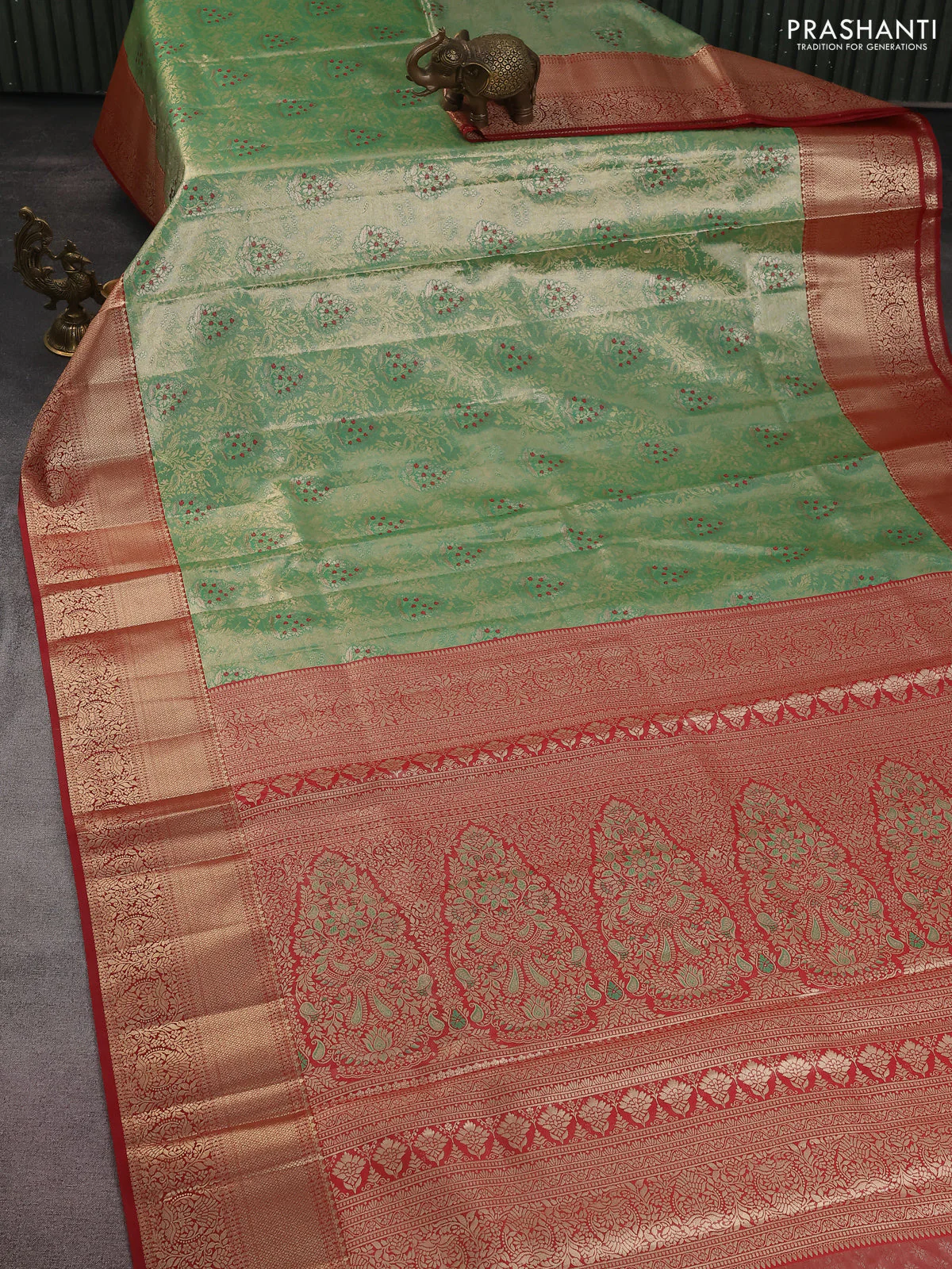 Bangalori tissue silk saree teal green and maroon with zari woven brocade weaves and zari woven border - Image 2