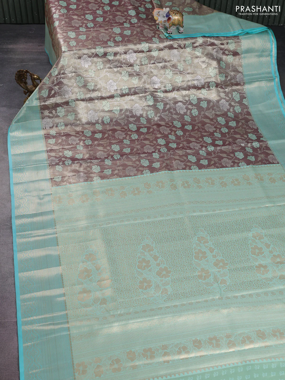 Bangalori tissue silk saree wine shade and teal blue with zari woven floral design brocade pattern and zari woven border - Image 2