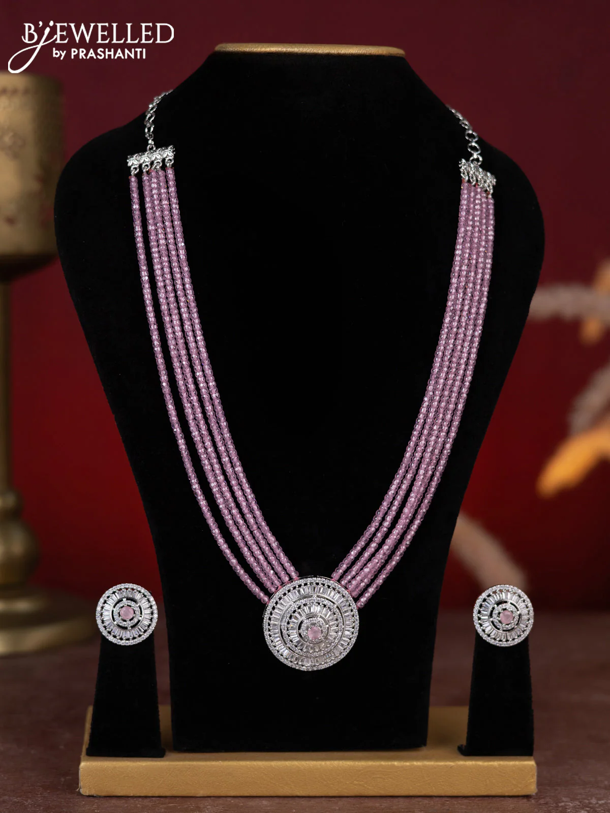 Beaded baby pink necklace with cz stones in zircon finish