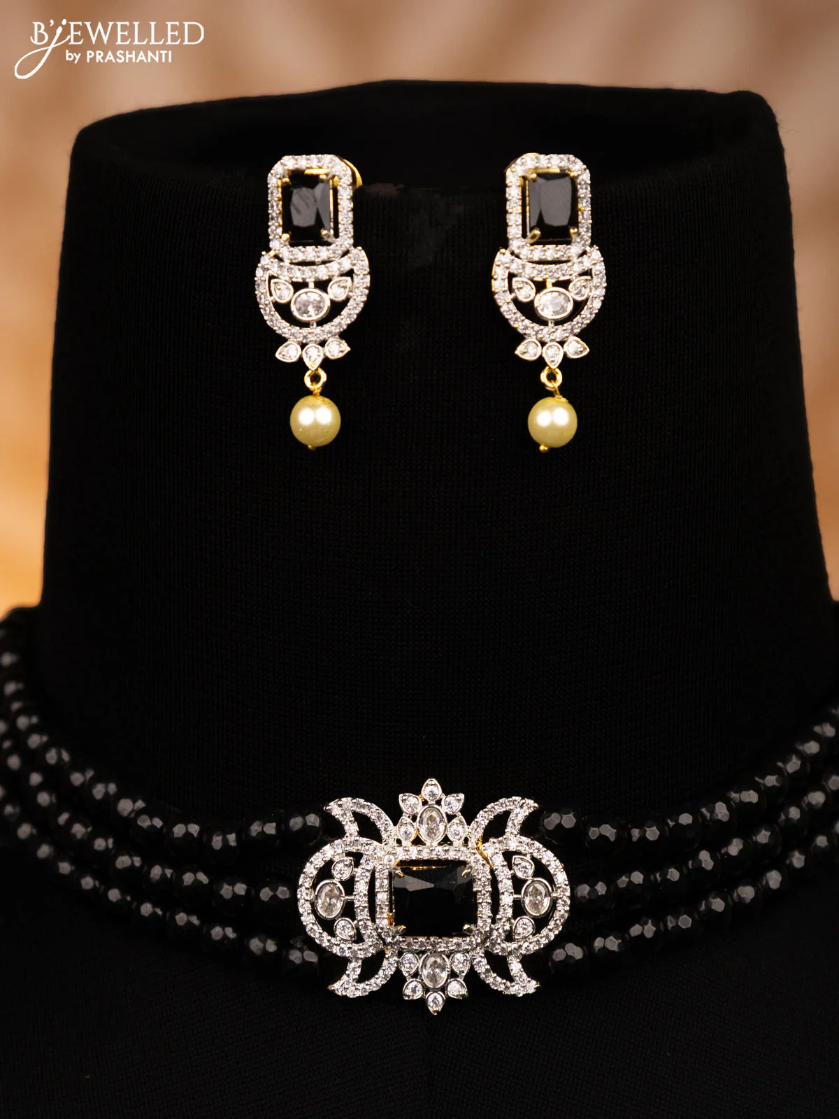 Beaded black choker with black and cz stones