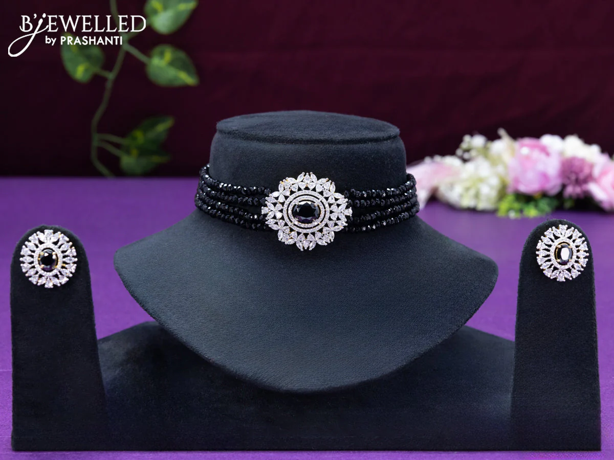 Beaded black choker with cz and black stone pendant
