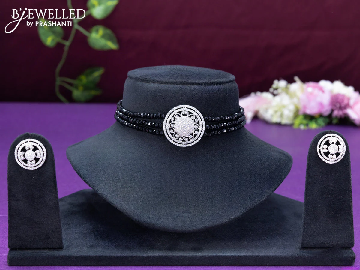 Beaded black choker with cz stone pendant