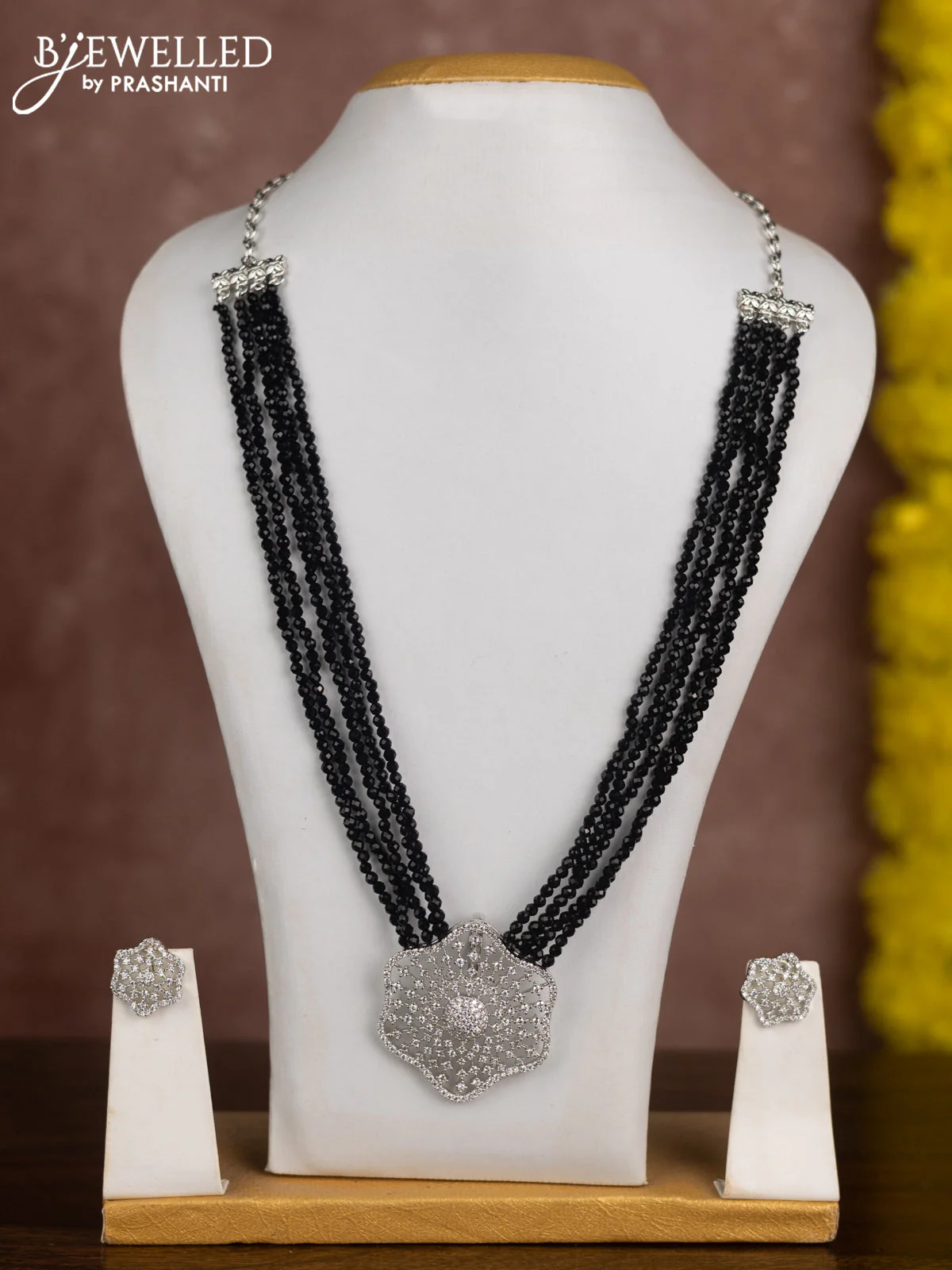 Beaded black necklace with cz stones in zircon finish