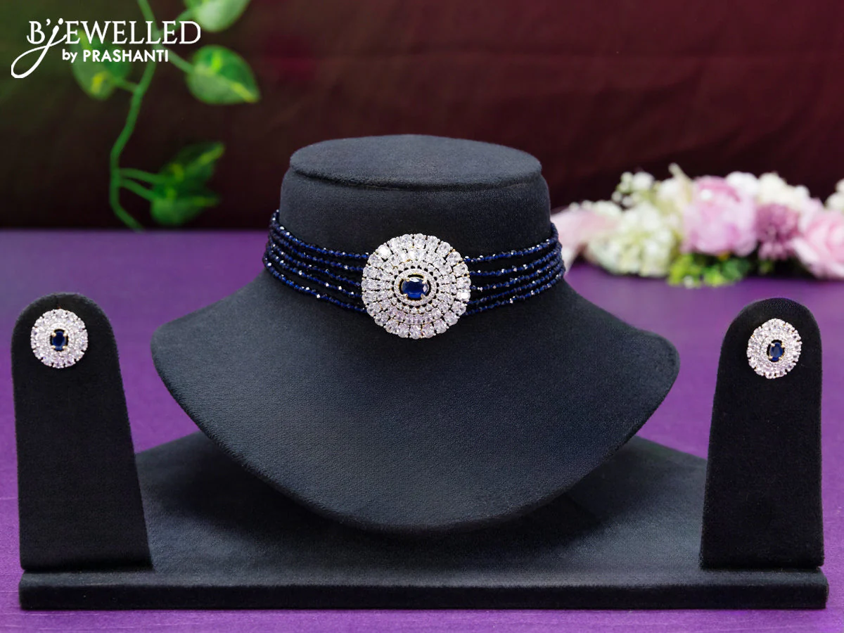Beaded blue choker with cz and sapphire stone pendant