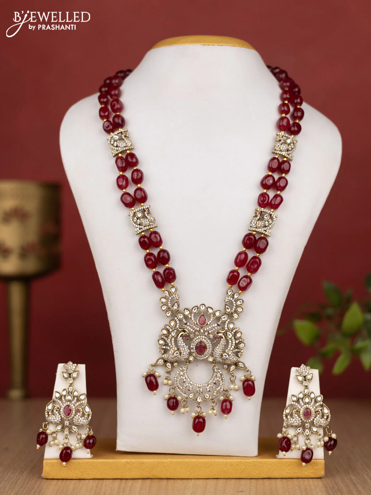 Beaded double layer maroon haram peacock design with ruby & kundan cz stones and pearl & beads hanging in victorian finish