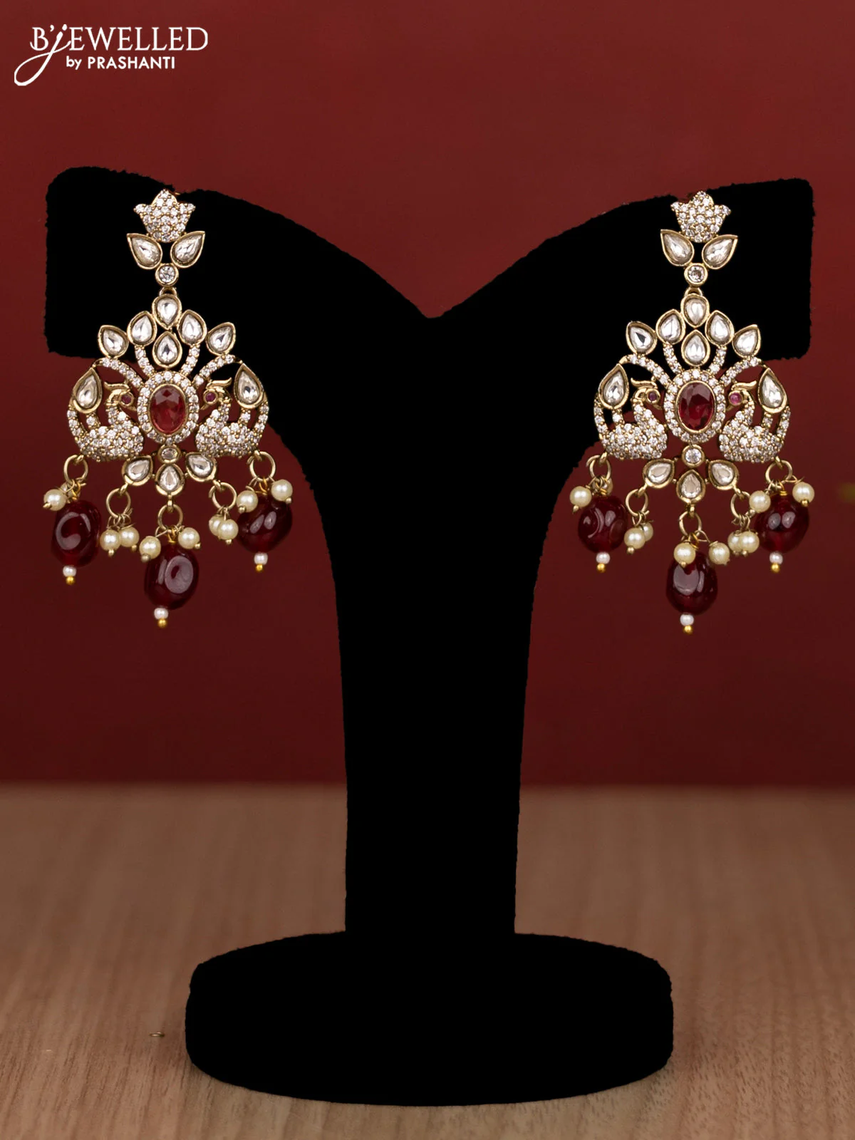 Beaded double layer maroon haram peacock design with ruby & kundan cz stones and pearl & beads hanging in victorian finish - Image 2