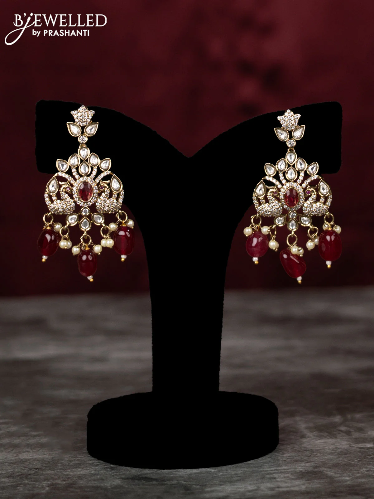 Beaded double layer maroon haram peacock design with ruby & kundan cz stones and pearl & beads hangings in victorian finish - Image 2