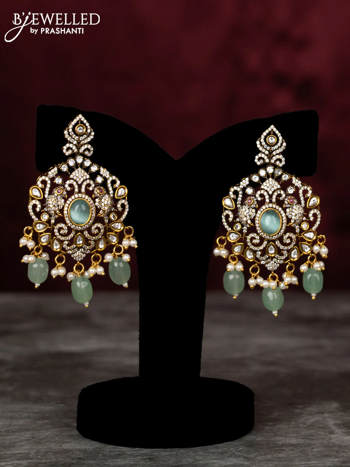 Beaded double layer mint green haram parrot desgin with kundan & cz stones and pearl & beads hangings in victorian finish - Image 2