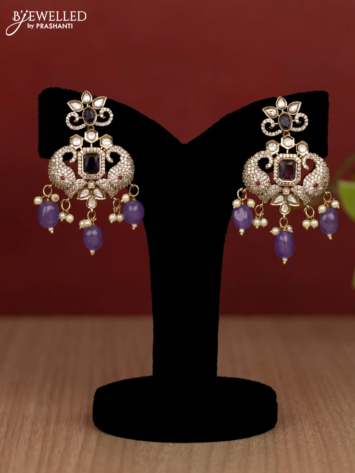 Beaded double layer violet haram elephant design with kundan & cz stones and pearl & beads hanging in victorian finish - Image 2