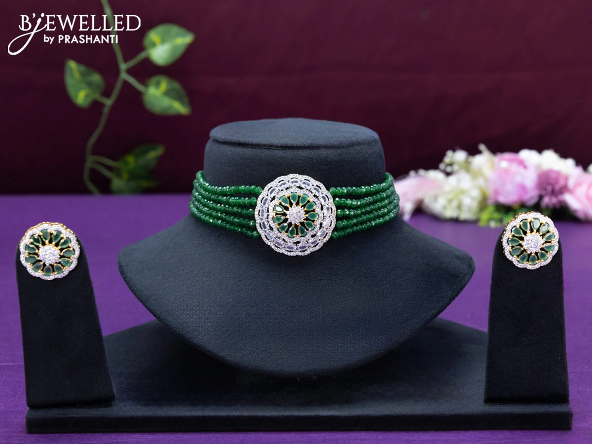 Beaded green choker with cz and emerald stone pendant