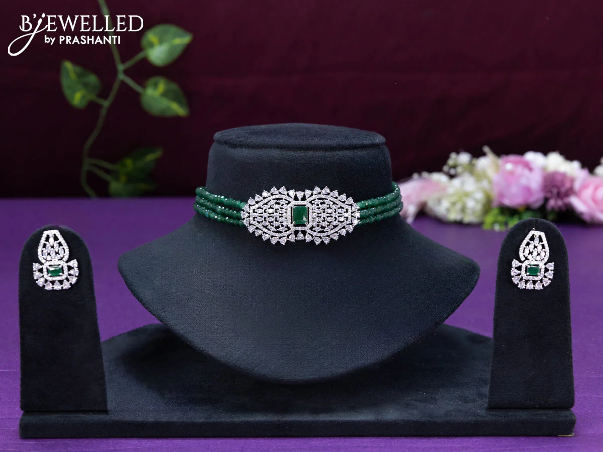 Beaded green choker with cz and emerald stone pendant
