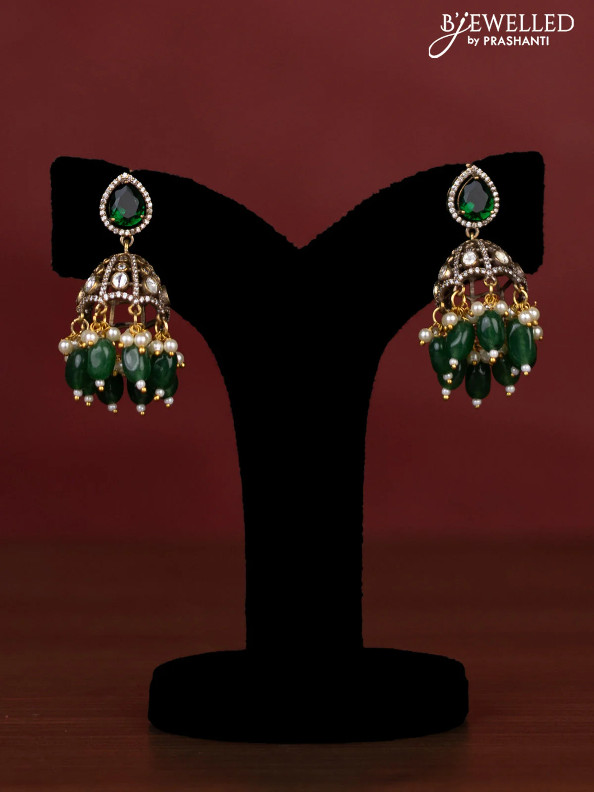 Beaded green necklace elephant pendant with kemp & kundan stones and pearl & beads hanging in victorian finish - Image 2