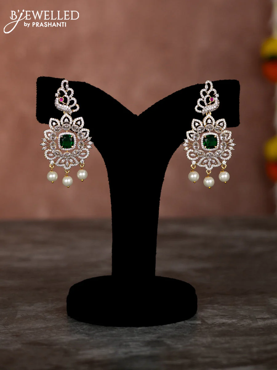 Beaded green necklace with emerald & cz stones and pearl hangings in zircon finish - Image 2