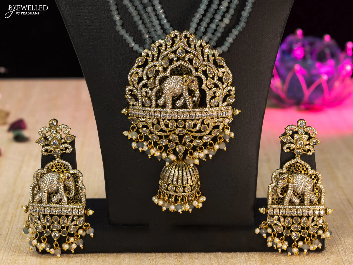 Beaded light blue necklace cz stones with elephant pendant and beads hangings in victorian finish - Image 2