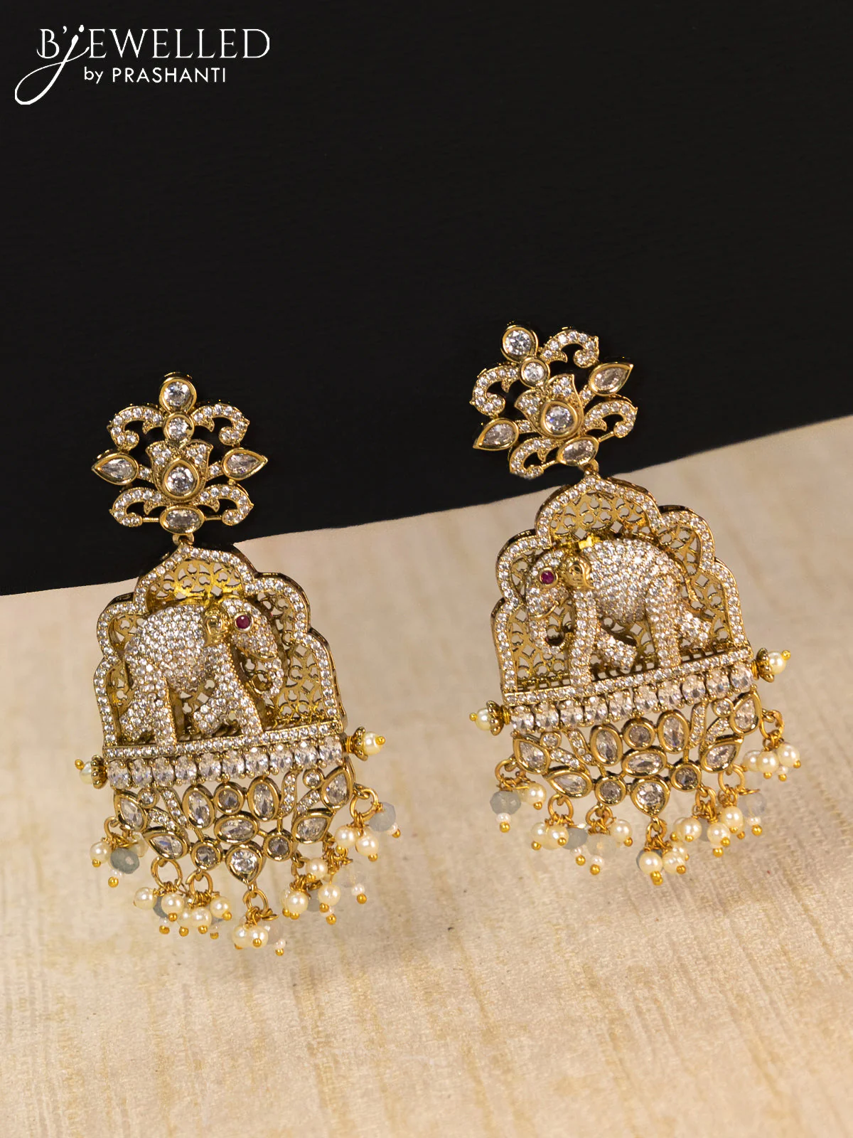 Beaded light blue necklace cz stones with elephant pendant and beads hangings in victorian finish - Image 3