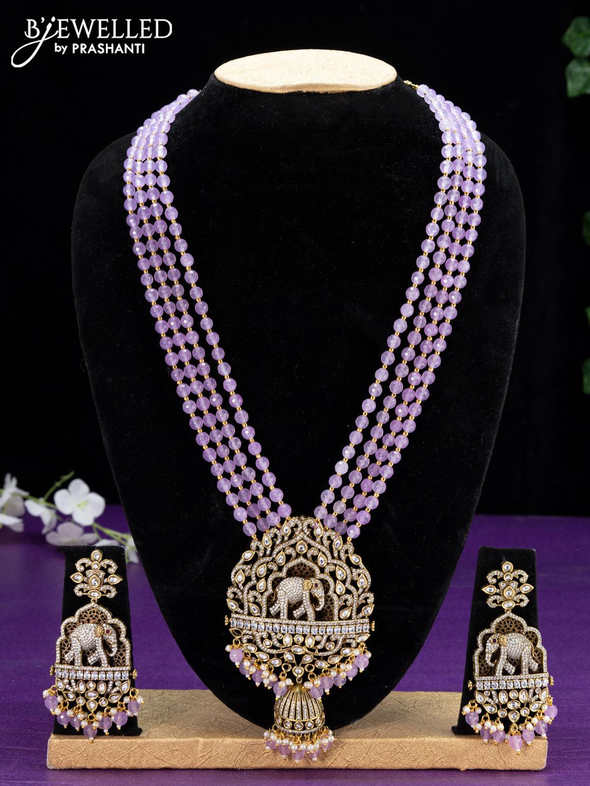Beaded purple elephant pendant haaram with cz stones and beads hangings