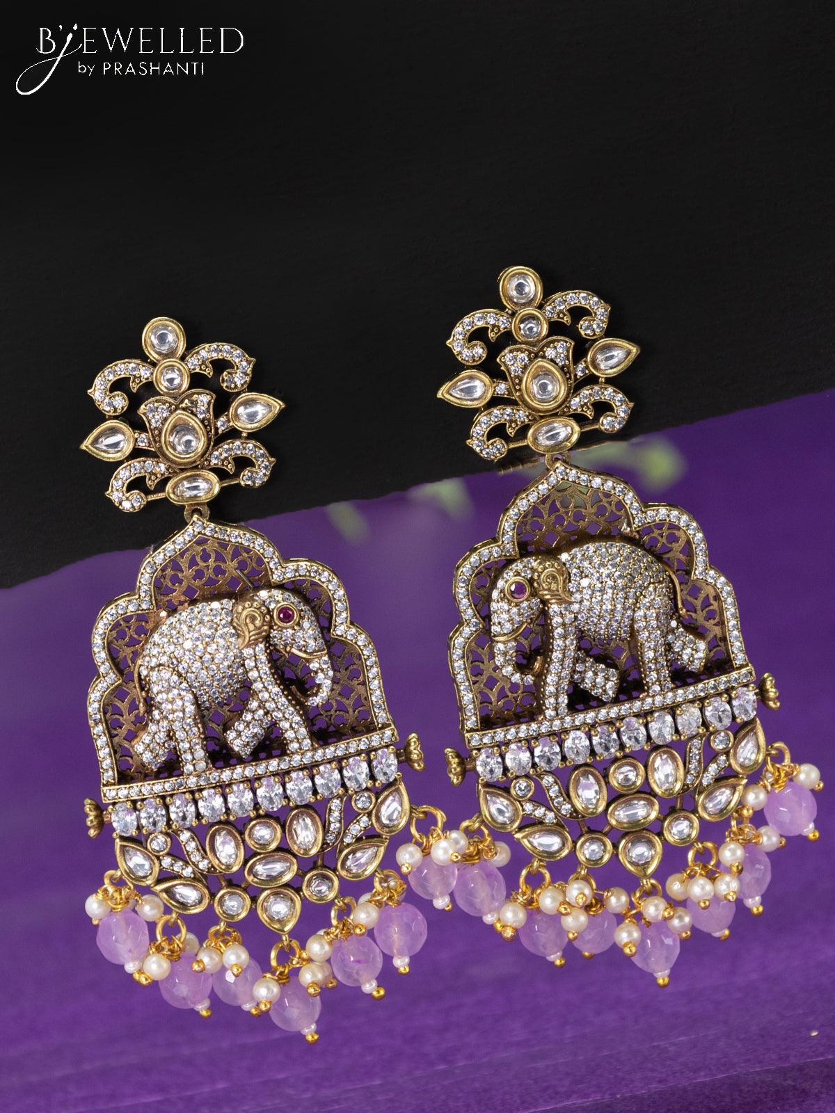 Beaded purple elephant pendant haaram with cz stones and beads hangings - Image 2