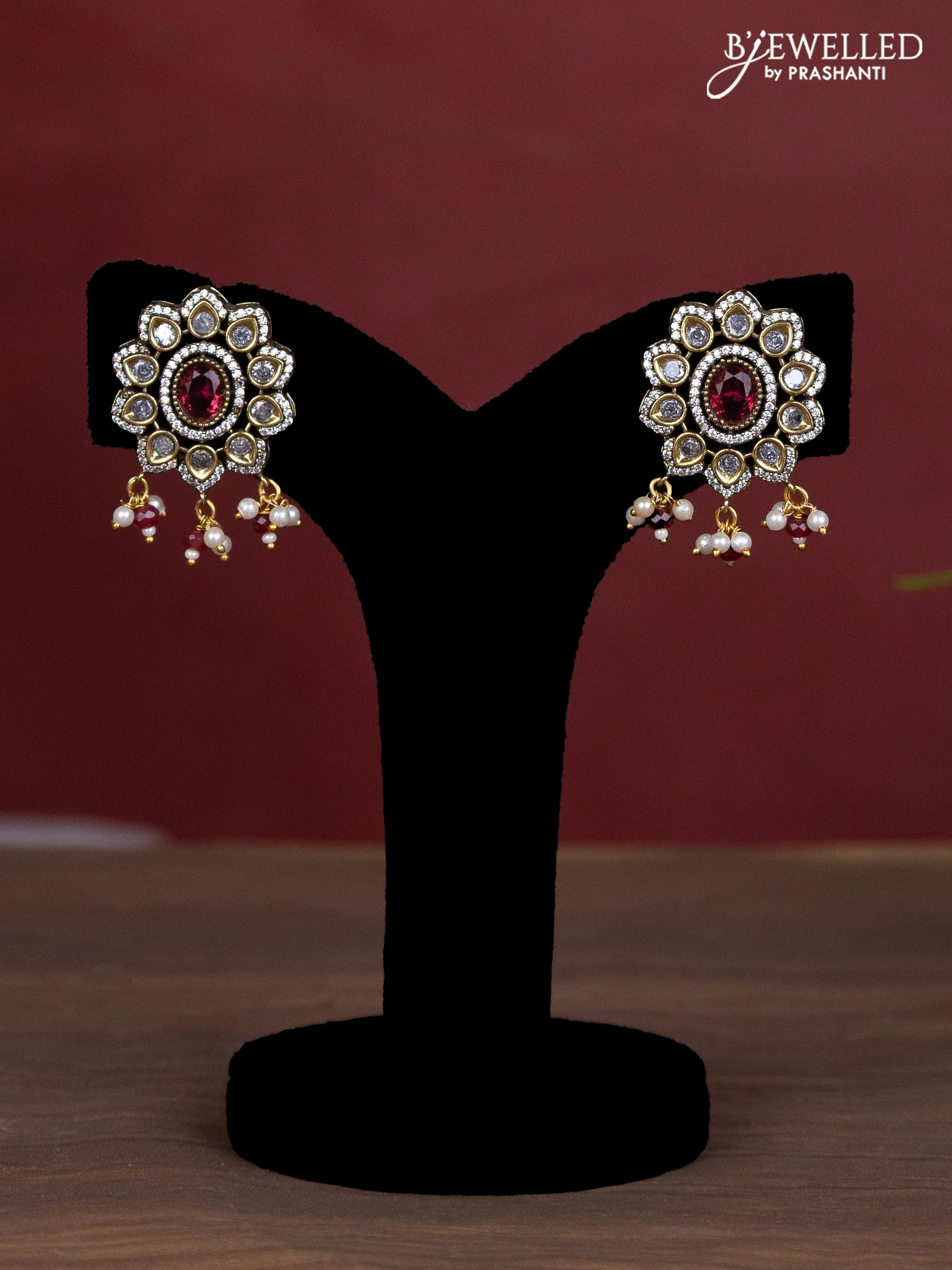 Beaded maroon necklace peacock design with ruby & cz stones and pearl & beads hanging in victorian finish - Image 2
