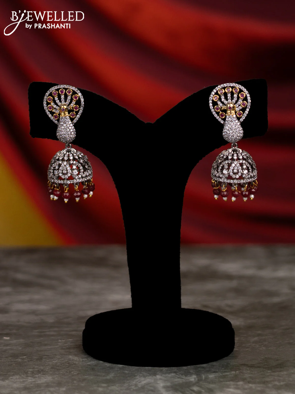 Beaded maroon necklace with ruby & cz stones and pearl & beads hangings in victorian finish - Image 2