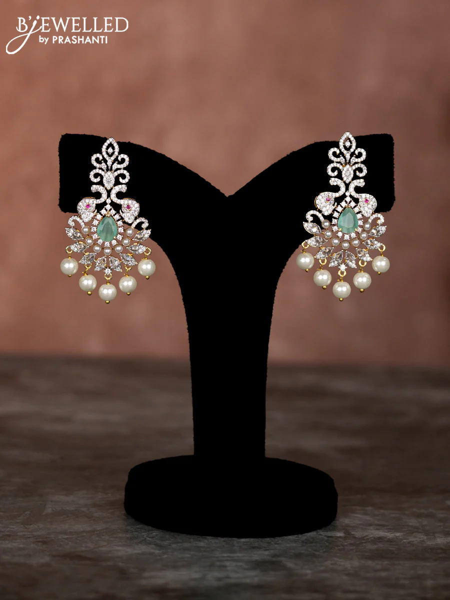 Beaded mint green necklace with cz stones and pearl hangings in zircon finish - Image 2
