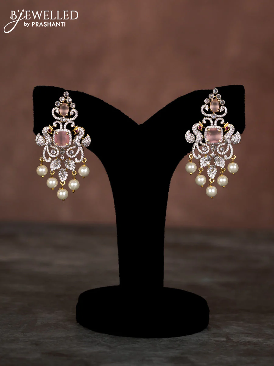 Beaded multilayer baby pink necklace peacock design with cz stones and hangings - Image 2