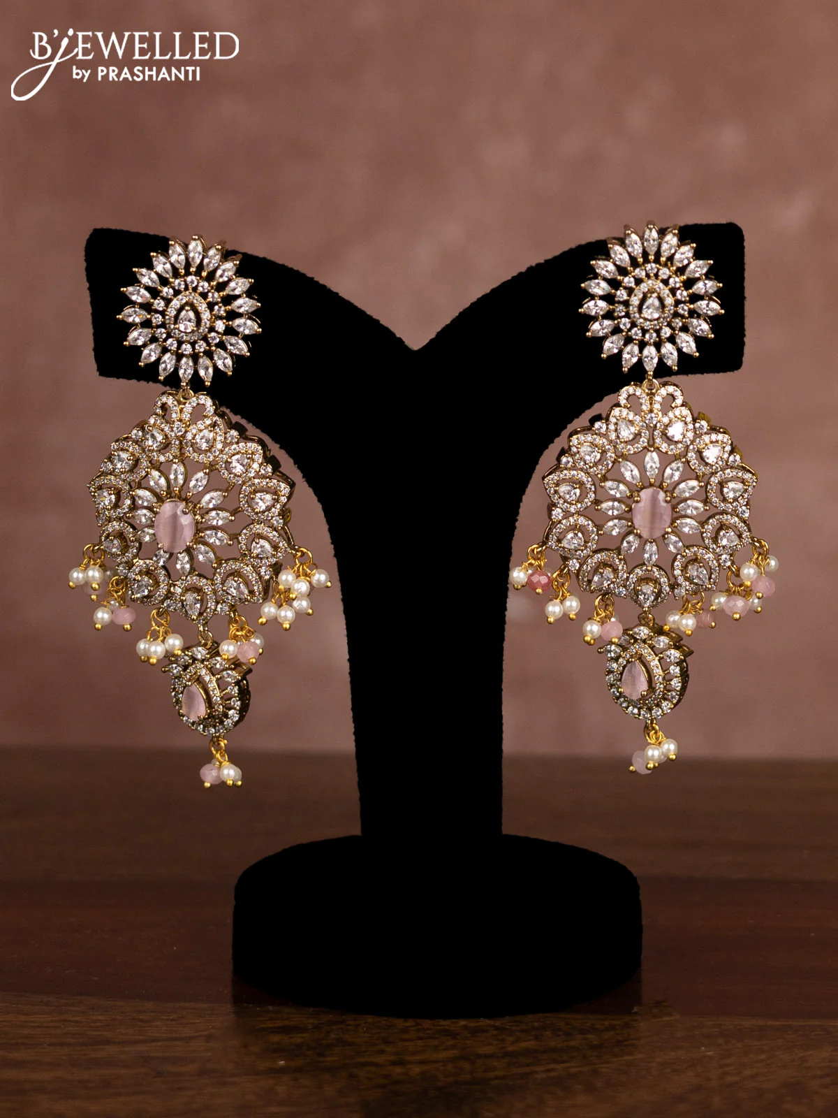 Beaded multilayer baby pink necklace with cz stones and pearl & beads hangings in victorian finish - Image 2